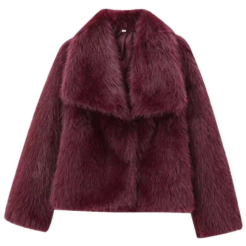 HXAO Women's 2024 Burgundy Plush Fur Crop Jacket - Warm Winter Coat