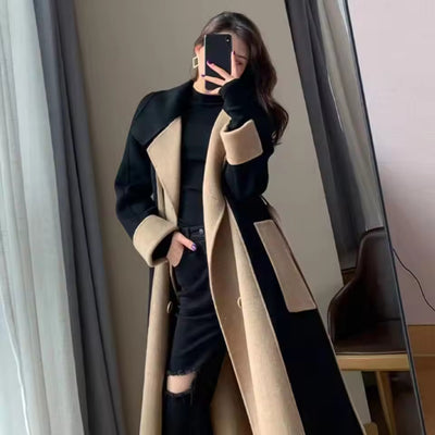 Autumn Winter Women's Double-Breasted Mid-Length Coat - Color Block Design